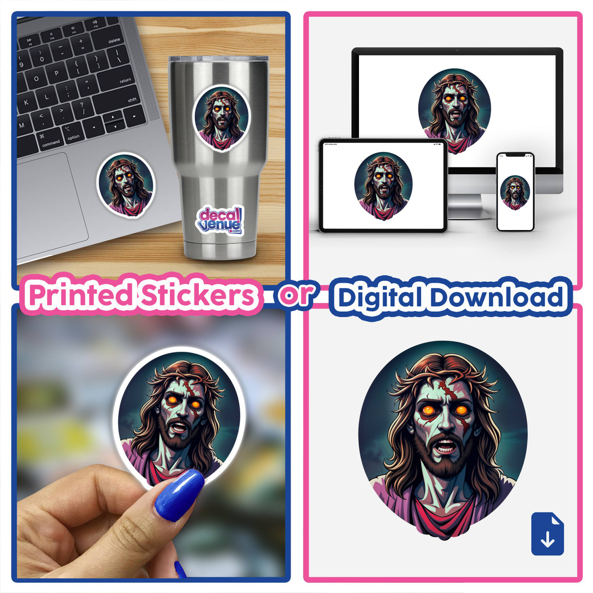 Collage featuring Jesus Christ As A Zombie stickers on a laptop and digital artwork, showcasing a cartoon character with long hair and a beard, available at Decal Venue.