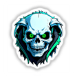 Cartoon illustration of a hybrid human-dog skull with green eyes, available as unique vinyl stickers or digital artwork from Decal Venue.