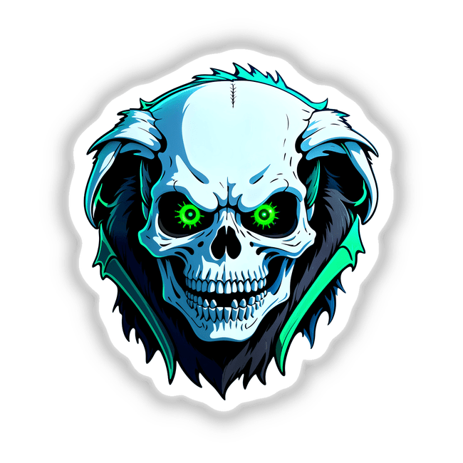 Cartoon illustration of a hybrid human-dog skull with green eyes, available as unique vinyl stickers or digital artwork from Decal Venue.