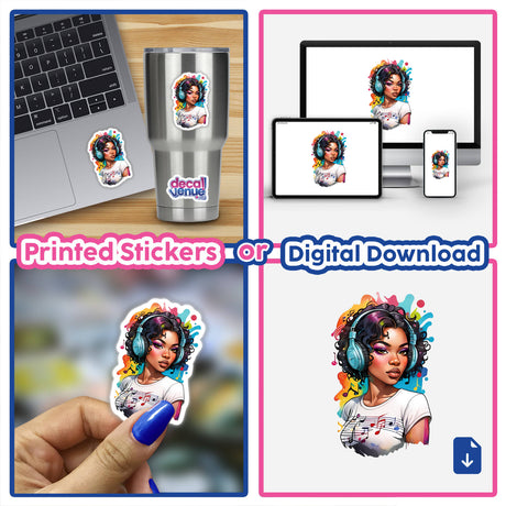 Woman with Headphones Sticker: Collage of a woman with headphones and a laptop, emphasizing vibrant rainbow background and music notes. Available as stickers or digital artwork.