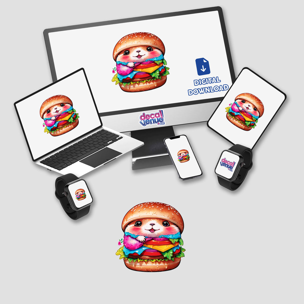 Cute Tiny Marmot Burger: Adorable and Delicious - cartoon hamster in a burger displayed on a computer monitor and laptop, perfect as stickers or digital artwork from Decal Venue.