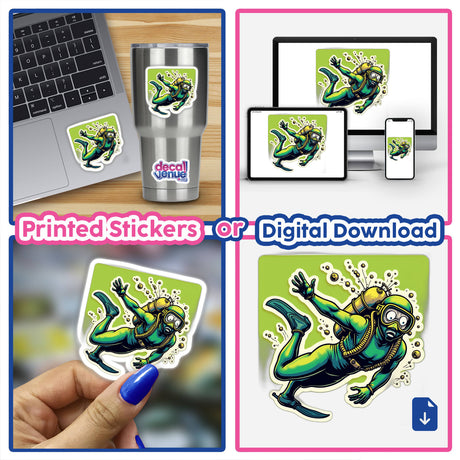 Collage of Mergulhador Verdão stickers, featuring a diver cartoon, shown on a laptop, cup, and hand, available as both physical stickers and digital artwork.