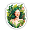 Woman with green hair resting in lush tropical embrace of greenery, available as stickers or digital artwork from Decal Venue.