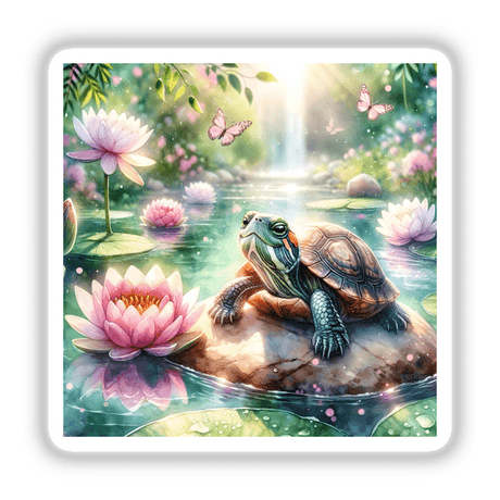 Turtle in a Peaceful Pond Watercolor Illustration features a turtle on a rock amidst pink flowers and butterflies, available as stickers or digital artwork from Decal Venue.