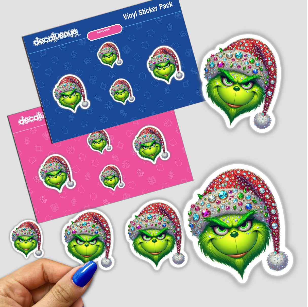 Green Grouch Christmas Face with Jeweled Santa Hat II stickers, featuring a cartoon green character with a Santa hat adorned with gems, available as stickers or digital artwork.