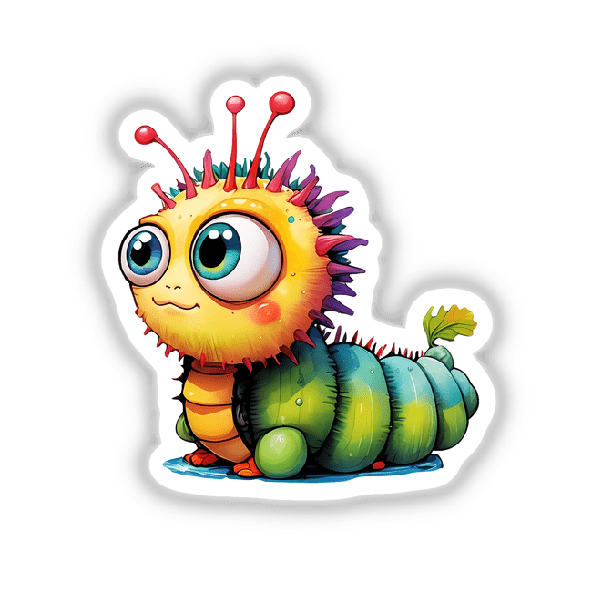 Quirky Caterpillar Cartoon Sticker | Fun and Cute Design features a playful cartoon caterpillar illustration, perfect for adding charm to any surface, available as a sticker or digital artwork.