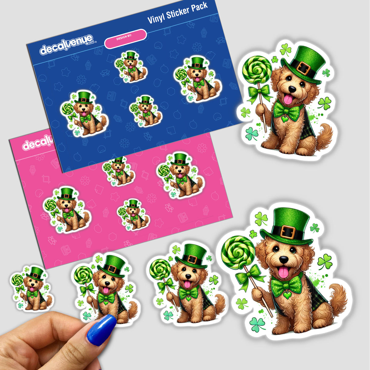 Irish Leprechaun Goldendoodle with Lollipop sticker features a cartoon dog in a green leprechaun hat and bow tie, holding a lollipop, ideal for vinyl sticker enthusiasts.