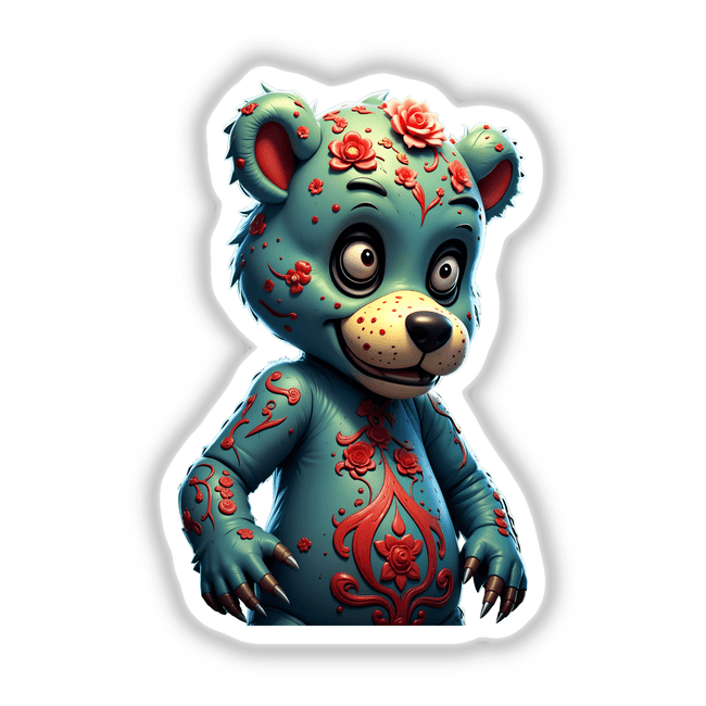 A Macabre Scary Bear cartoon with flowers, featuring a distinct bear character with artistic floral elements. Available as unique stickers or digital artwork from Decal Venue.