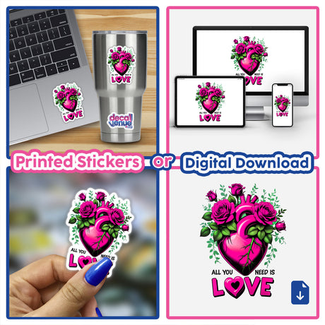 Collage featuring All You Need Is Love theme with laptop stickers and digital artwork showcasing hearts and roses, ideal for personalization. Visible elements include laptops, a phone, and hand-applied stickers.