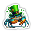 Irish Leprechaun Blue Crab cartoon wearing a green hat adorned with clovers and a gold buckle, available as stickers or digital artwork from Decal Venue.