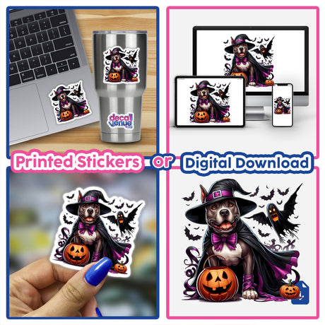 Halloween Witch Pitbull Dog collage featuring a dog in a hat and cape beside a laptop, available as stickers or digital artwork.