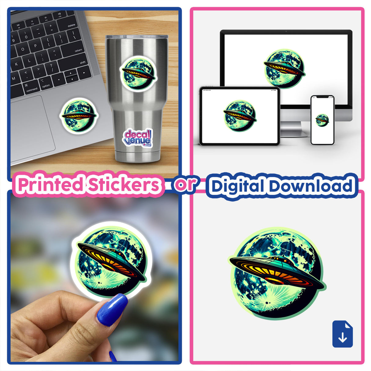 Collage featuring A UFO In Front Of A Moon stickers and digital artwork, showcasing various applications on laptops and cups, highlighting the unique design of a UFO amidst a lunar backdrop.