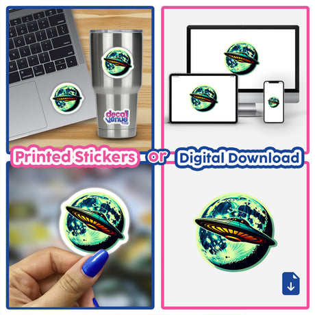 Collage featuring A UFO In Front Of A Moon stickers and digital artwork, showcasing various applications on laptops and cups, highlighting the unique design of a UFO amidst a lunar backdrop.