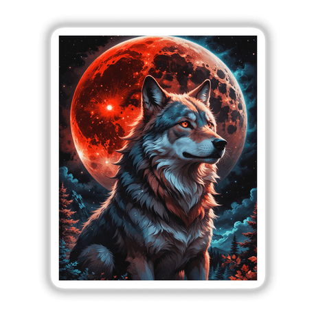 A Wolf In The Night With A Blood Moon illustration depicting a wolf with orange eyes gazing at a red moon, available as unique stickers or digital artwork from Decal Venue.