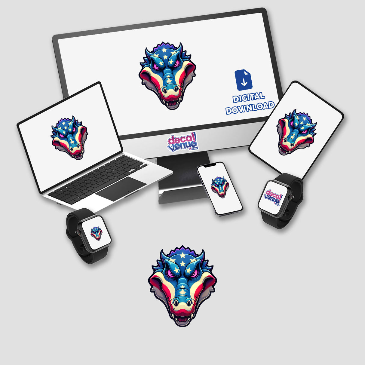 A Cool American Flag Alligator graphic displayed on various devices, including a computer monitor, laptop, and smartwatch, highlighting its availability as stickers or digital artwork.