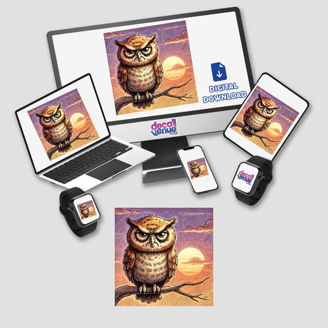 Grumpy Owl at Sunset digital artwork displayed on a computer monitor and laptop, featuring an angry owl illustration and another owl sitting on a branch. Available as stickers or digital art.