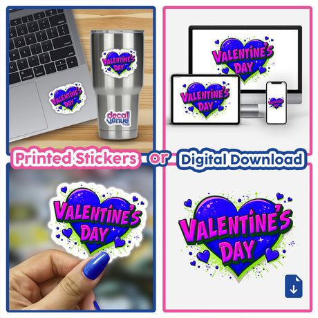 Valentine's Day Love Heart stickers displayed on a laptop keyboard, featuring a collage of heart-shaped designs, emphasizing their availability as unique stickers or digital artwork from Decal Venue.