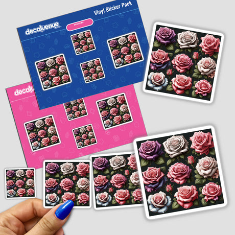 Hand holding 'Beautiful Lush Roses' sticker pack, featuring a collage of roses, available as vinyl stickers or digital artwork from Decal Venue.