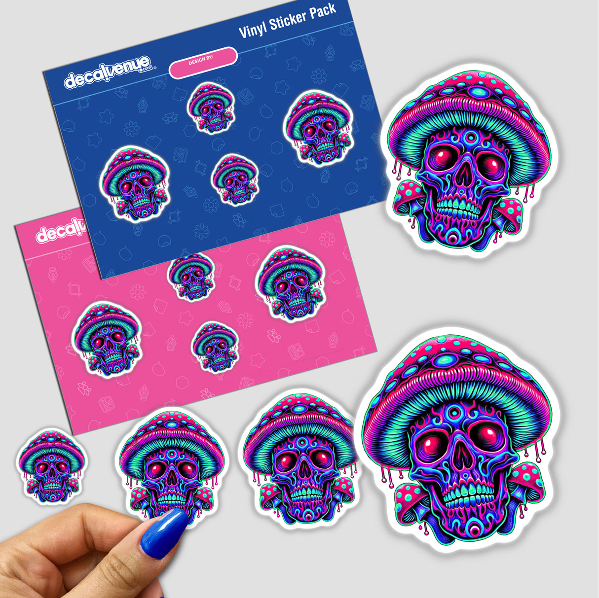 Psychedelic Skull Mushroom - Neon Trippy Dripping stickers featuring skulls adorned with mushrooms, showcased alongside close-up details of hands. Available as both stickers and digital artwork.