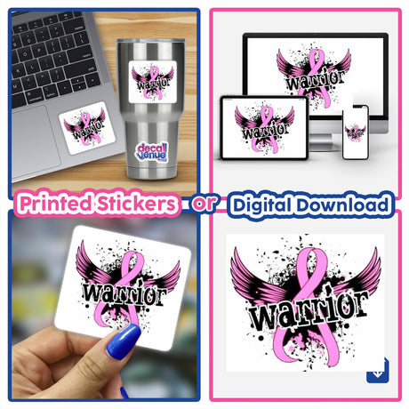 Collage showing Gold Breast Cancer Series 19 stickers on a laptop, a person painting nails, and a close-up of a cup, emphasizing the product's unique design and versatility.