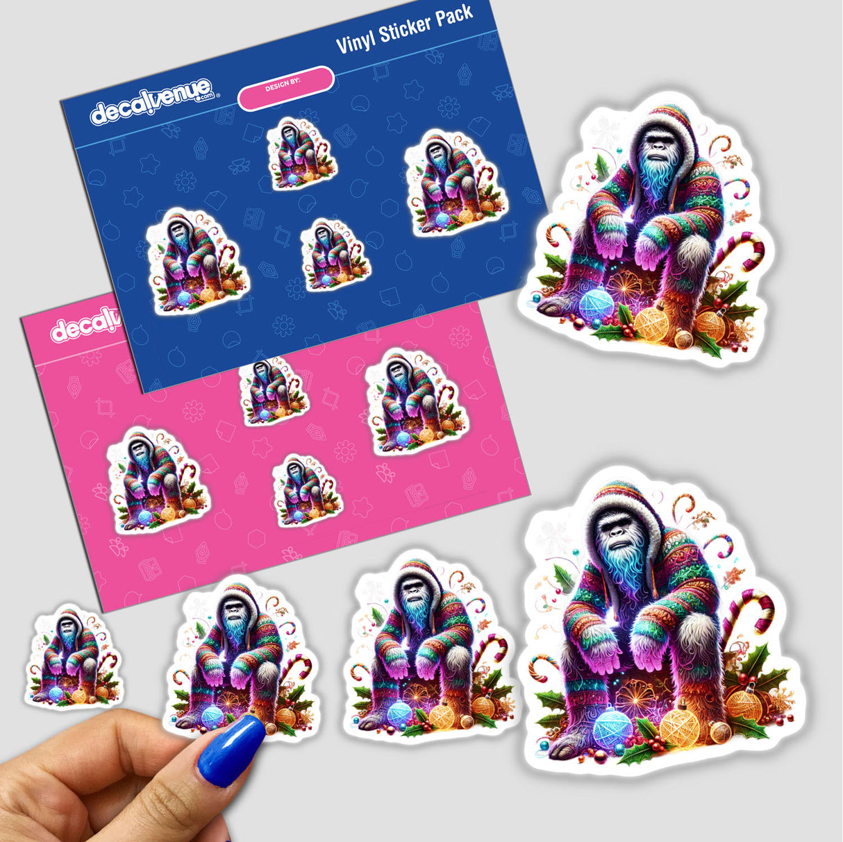 Vibrant digital art stickers of a luminous Sasquatch in a colorful Christmas sweater, surrounded by winter foliage and holiday elements, created by Decal Venue.