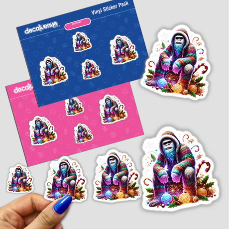 Vibrant digital art stickers of a luminous Sasquatch in a colorful Christmas sweater, surrounded by winter foliage and holiday elements, created by Decal Venue.