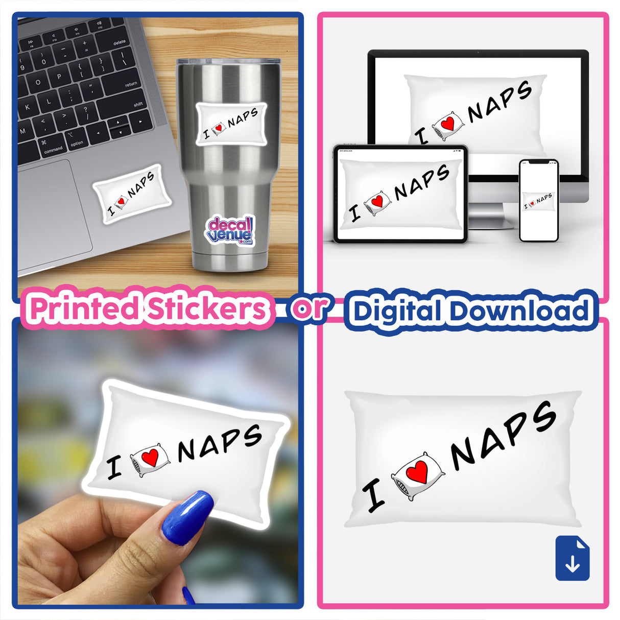 Collage featuring 'I Love Naps' design on a white pillow with a red heart, available as unique vinyl stickers or digital artwork.