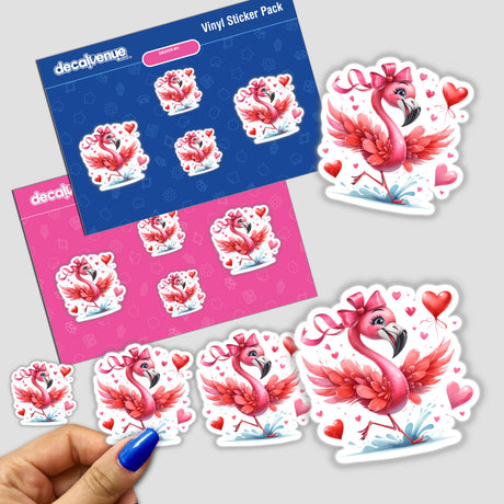 Fluttering in Love Pink Flamingo stickers feature charming cartoon flamingos adorned with hearts and balloons, available as individual stickers or in a complete sticker pack.