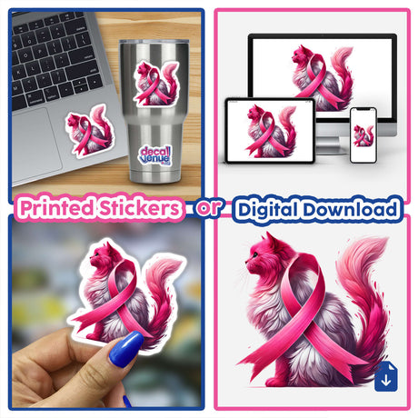 Collage featuring the Cat Pink Ribbon Breast Cancer design on various items, including a laptop, a cup, and a sticker, emphasizing the pink ribbon theme.