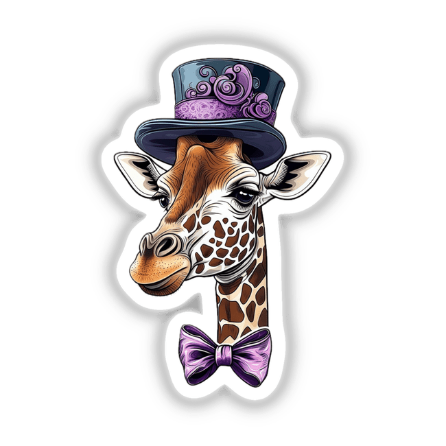 Giraffe Wearing a Purple Top Hat and Matching Bow Tie, available as stickers or digital artwork from Decal Venue, showcasing a whimsical illustration of a giraffe adorned with fashionable accessories.