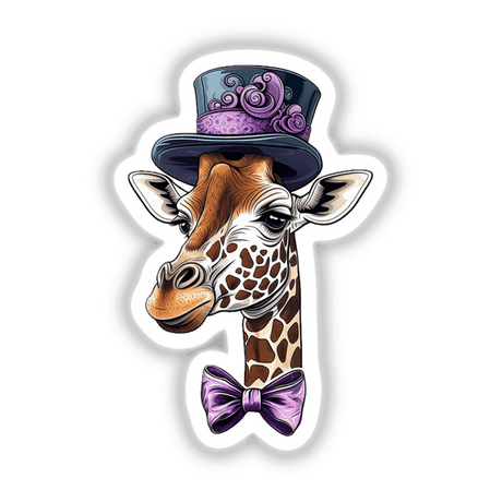 Giraffe Wearing a Purple Top Hat and Matching Bow Tie, available as stickers or digital artwork from Decal Venue, showcasing a whimsical illustration of a giraffe adorned with fashionable accessories.