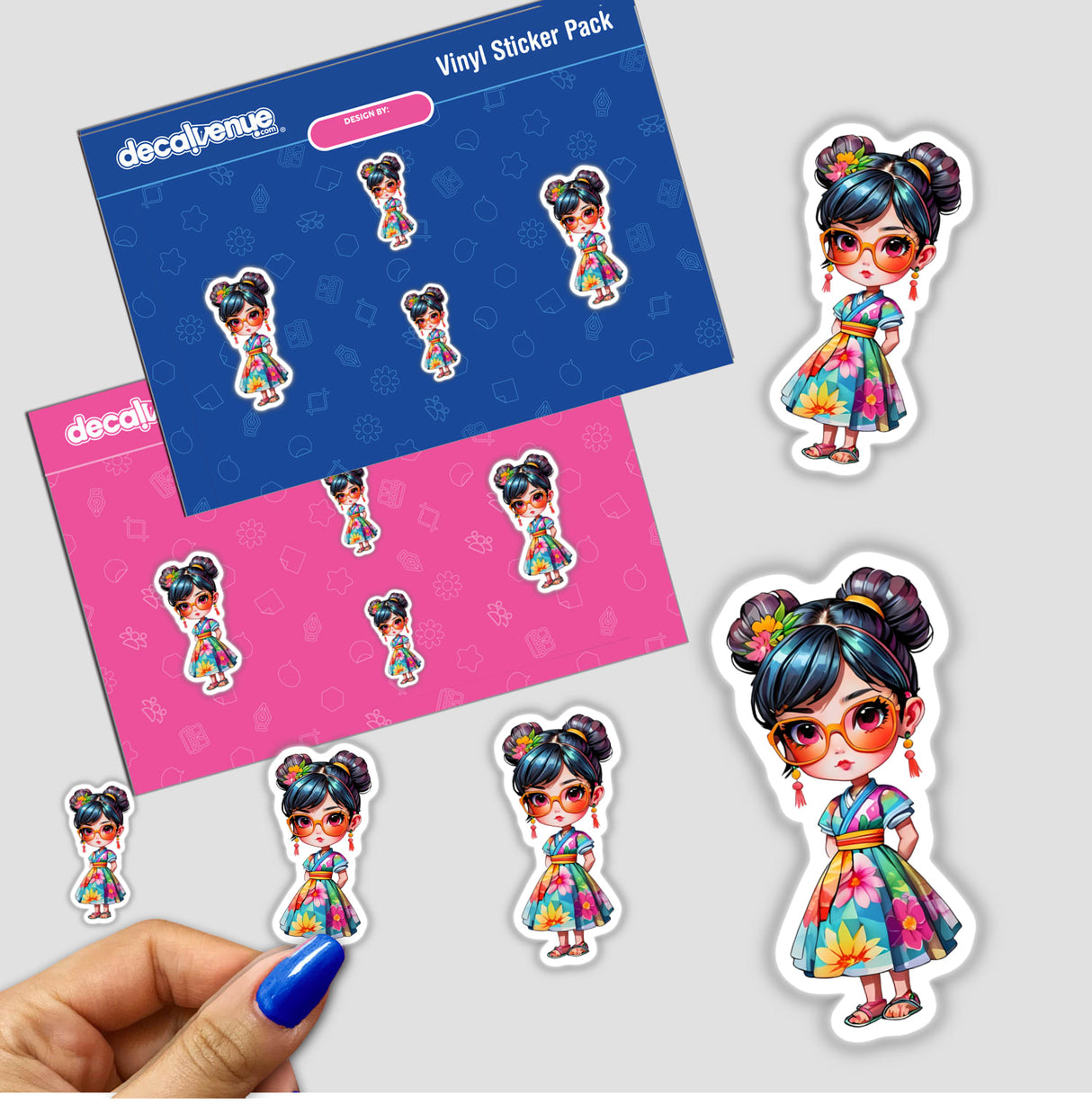 Cute Japanese Girl Sticker featuring a kawaii girl in glasses and a kimono, ideal for decorating various surfaces. Available as physical stickers or digital artwork from Decal Venue.