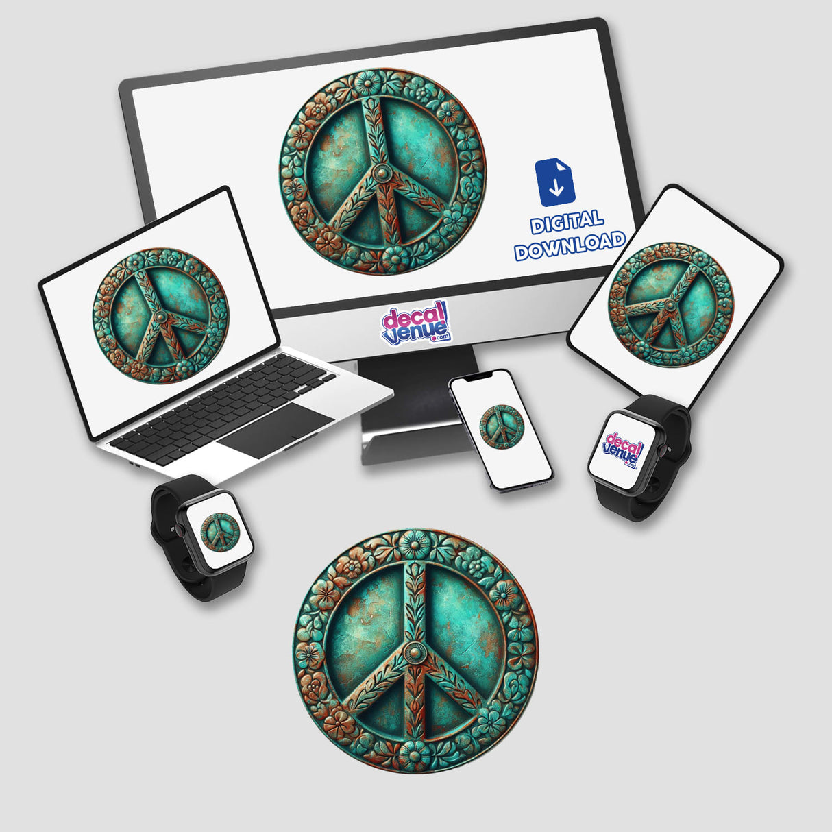 Vibrant digital artwork depicting a peace sign with a turquoise and metallic design, showcased on various electronic devices like laptops, phones, and smartwatches.