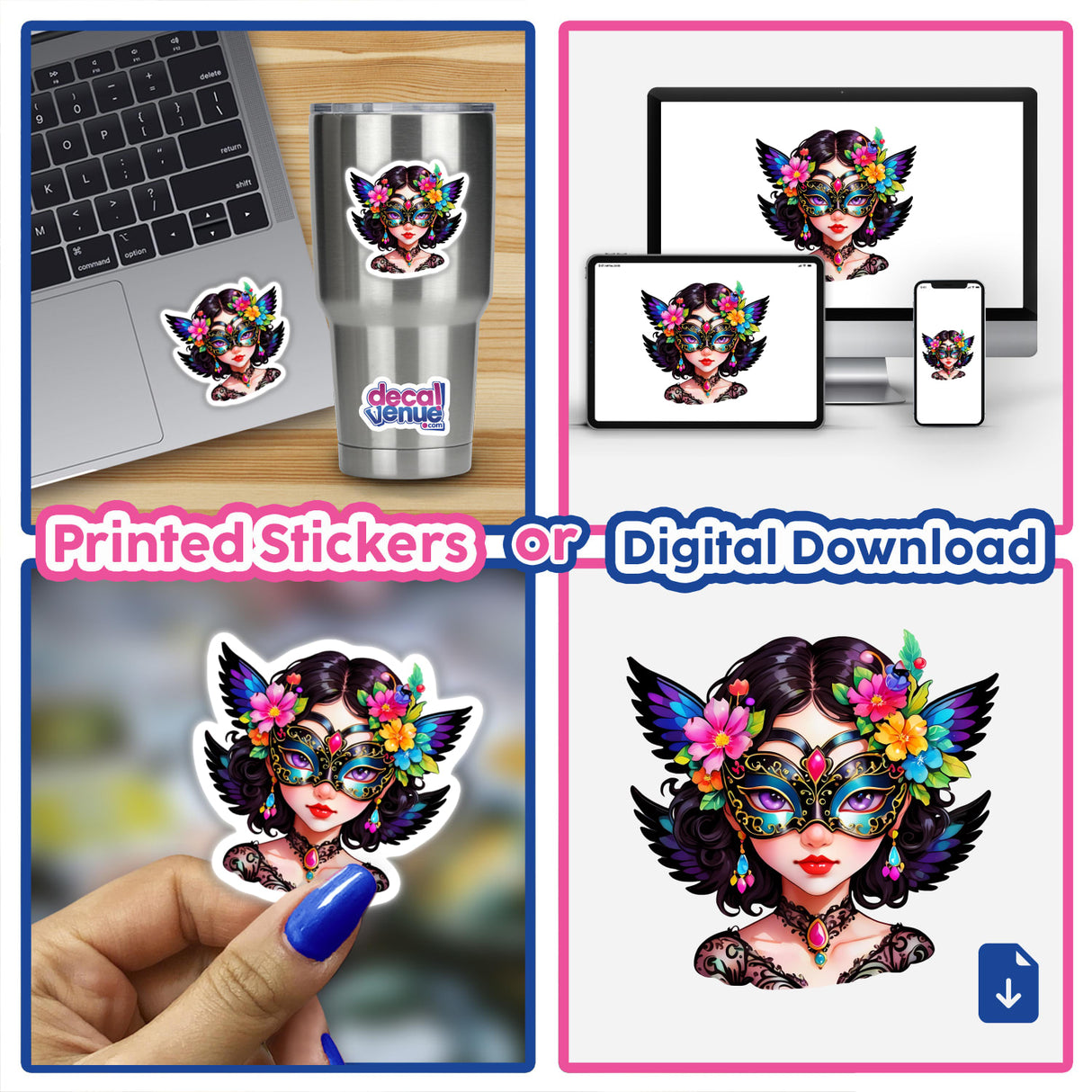 Divine Masquerade: Angelic Woman in Intricate Mask Sticker collage featuring close-ups of laptop with sticker, hand with painted fingernail, silver cup, and digital artwork options.