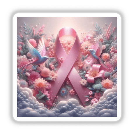 Breast Cancer Silver Series 6: A pink ribbon adorned with flowers and birds, available as stickers or digital artwork, symbolizing support and awareness.