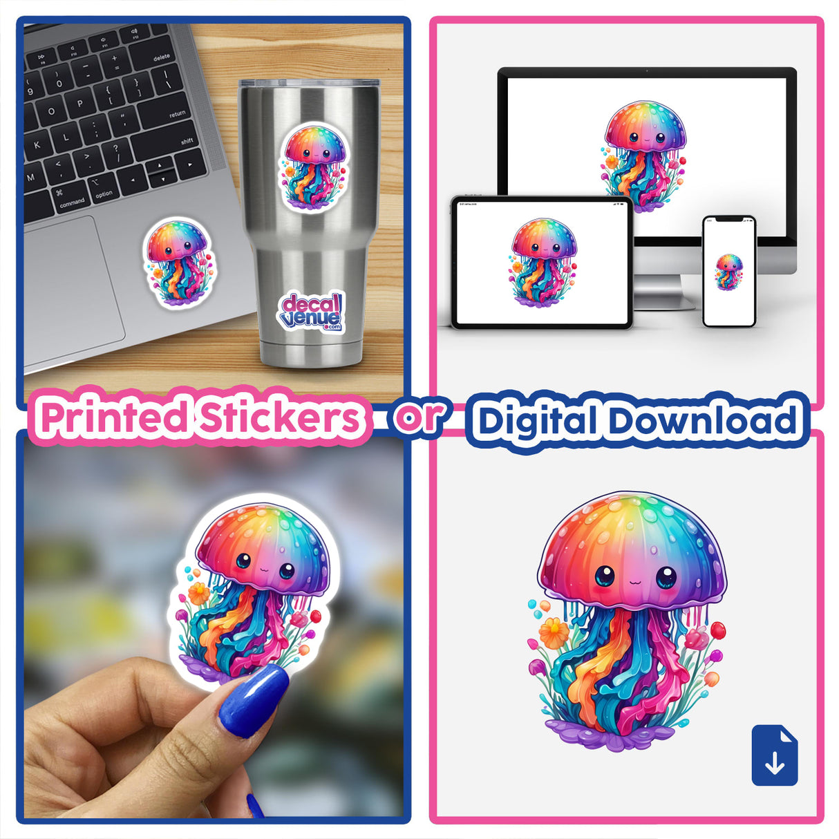 Rainbow jellyfish sticker on a laptop, showcasing a colorful cartoon jellyfish. Available as stickers or digital artwork from Decal Venue.