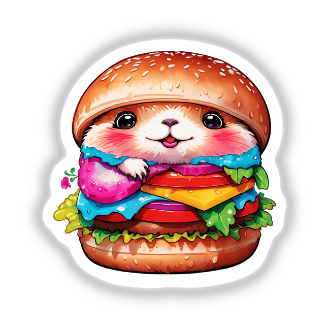 Cute Tiny Marmot Burger: Adorable and Delicious - a cartoon hamster nestled in a hamburger, available as stickers or digital artwork from Decal Venue.