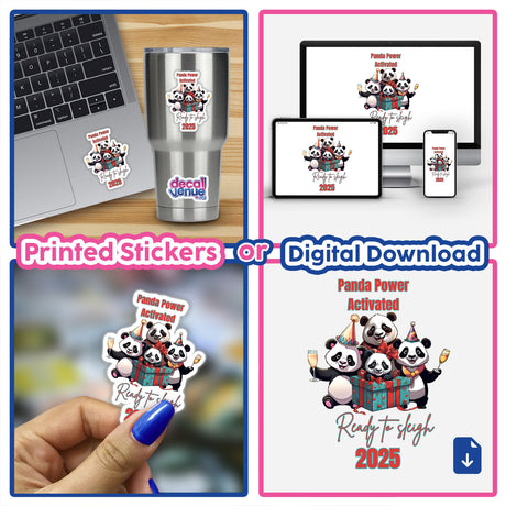 Christmas celebration pandas stickers and digital download, featuring playful pandas holding gifts and champagne, perfect for adding festive cheer to laptops, cups, and more.