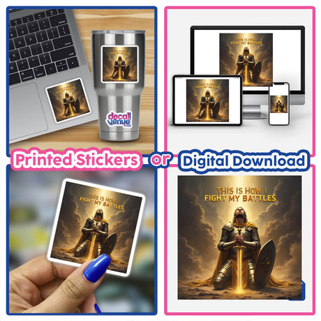 Inspirational Christian Warrior Clipart features a man in armor with a sword, available as stickers or digital artwork, ideal for commercial use or personal inspiration.