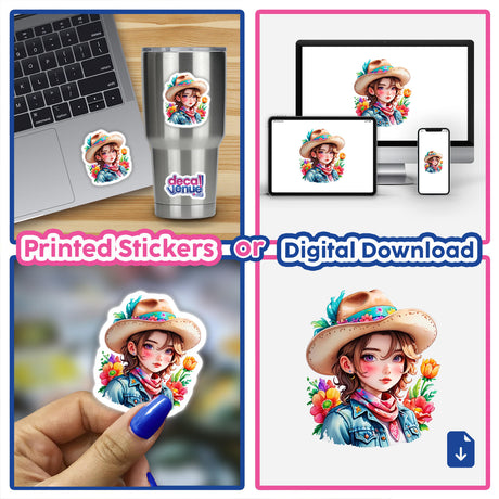 Collage featuring Cowgirl Chic: Hat and Bandana stickers and digital artwork, including close-ups of stickers on cups, laptops, and hands, all showcasing a cartoon girl in a cowboy hat and scarf.