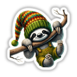 Colorful sloth character in vibrant knit hat and overall clutching a tree branch in the image attached.