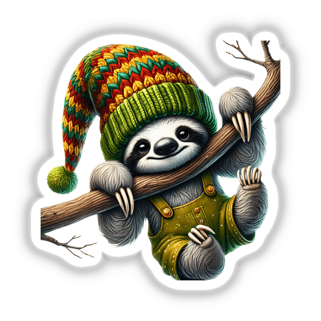 Colorful sloth character in vibrant knit hat and overall clutching a tree branch in the image attached.