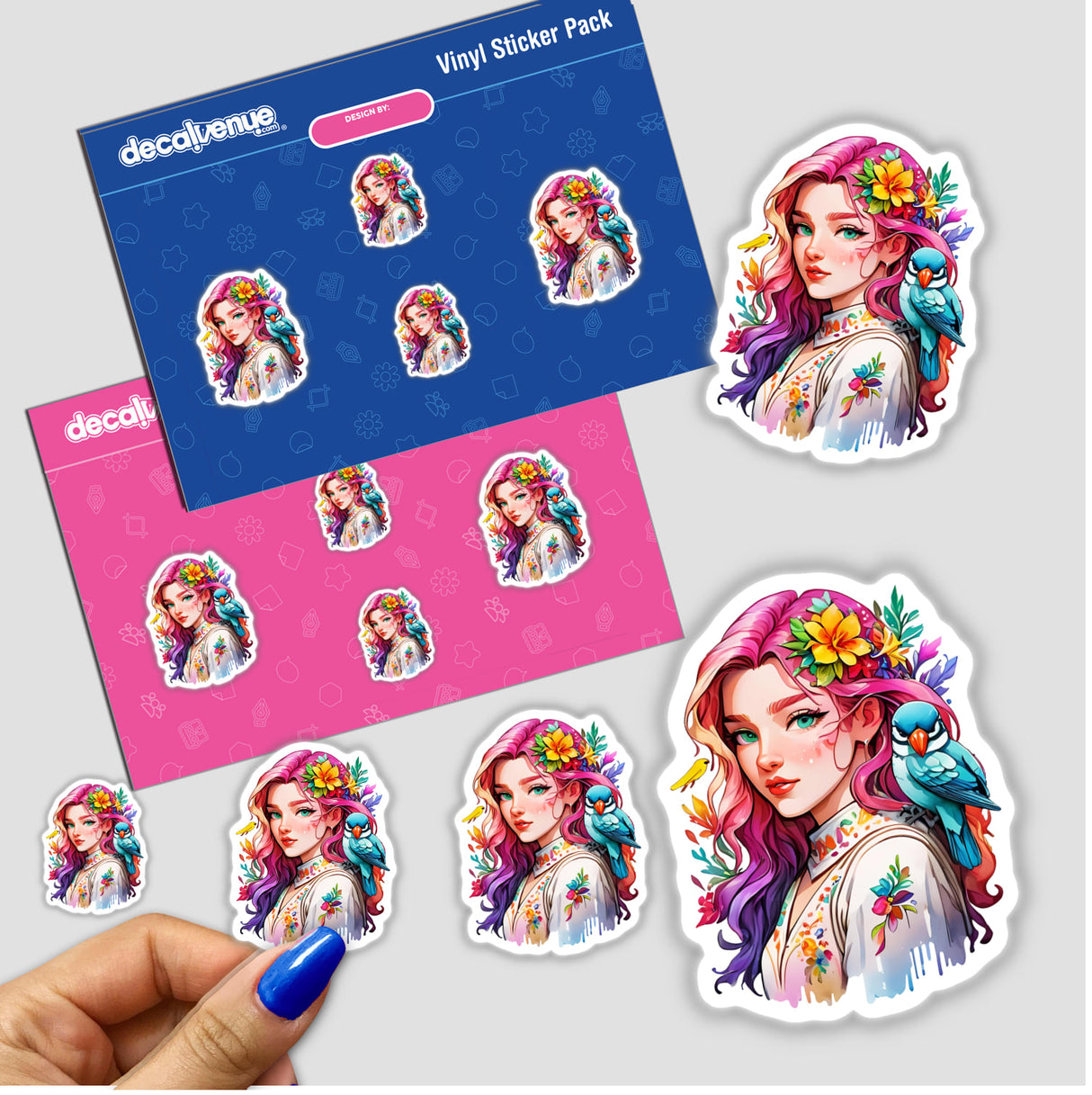 Coachella Floral Portrait Sticker featuring a bohemian woman with colorful hair, adorned with flowers, and a bird on her shoulder, available as a sticker or digital artwork.