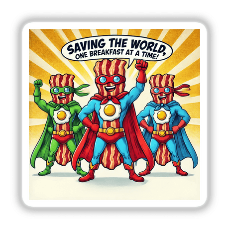 Bacon Brigade: Cartoon bacon superheroes in whimsical attire, depicted as stickers or digital art, embodying the theme Saving the world, one breakfast at a time. Perfect for unique collections.