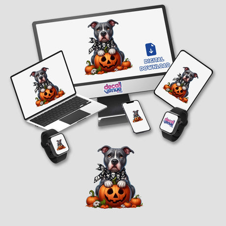 Skull Bandana Trick or Treat Pitbull Dog displayed on computer monitor and various devices as stickers or digital artwork, featuring the dog holding a pumpkin.