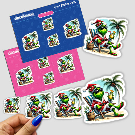 Green Grouch Tropical Santa Relaxing on Beach II sticker pack features a cartoon frog lounging on a beach chair, embodying a playful holiday vibe. Available in sticker or digital format.