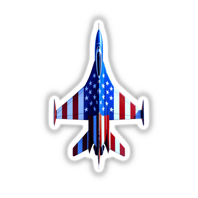 A Cool American Flag Fighter Jet depicted as a sticker or digital artwork, featuring bold star and stripe patterns in a unique design from Decal Venue.