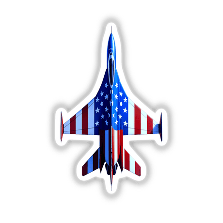 A Cool American Flag Fighter Jet depicted as a sticker or digital artwork, featuring bold star and stripe patterns in a unique design from Decal Venue.