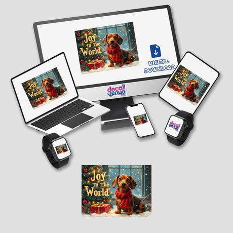 Joy to the World Dachshund Christmas Sticker and Clipart featuring a dachshund wearing a scarf on digital devices, available as stickers or digital artwork with commercial rights.