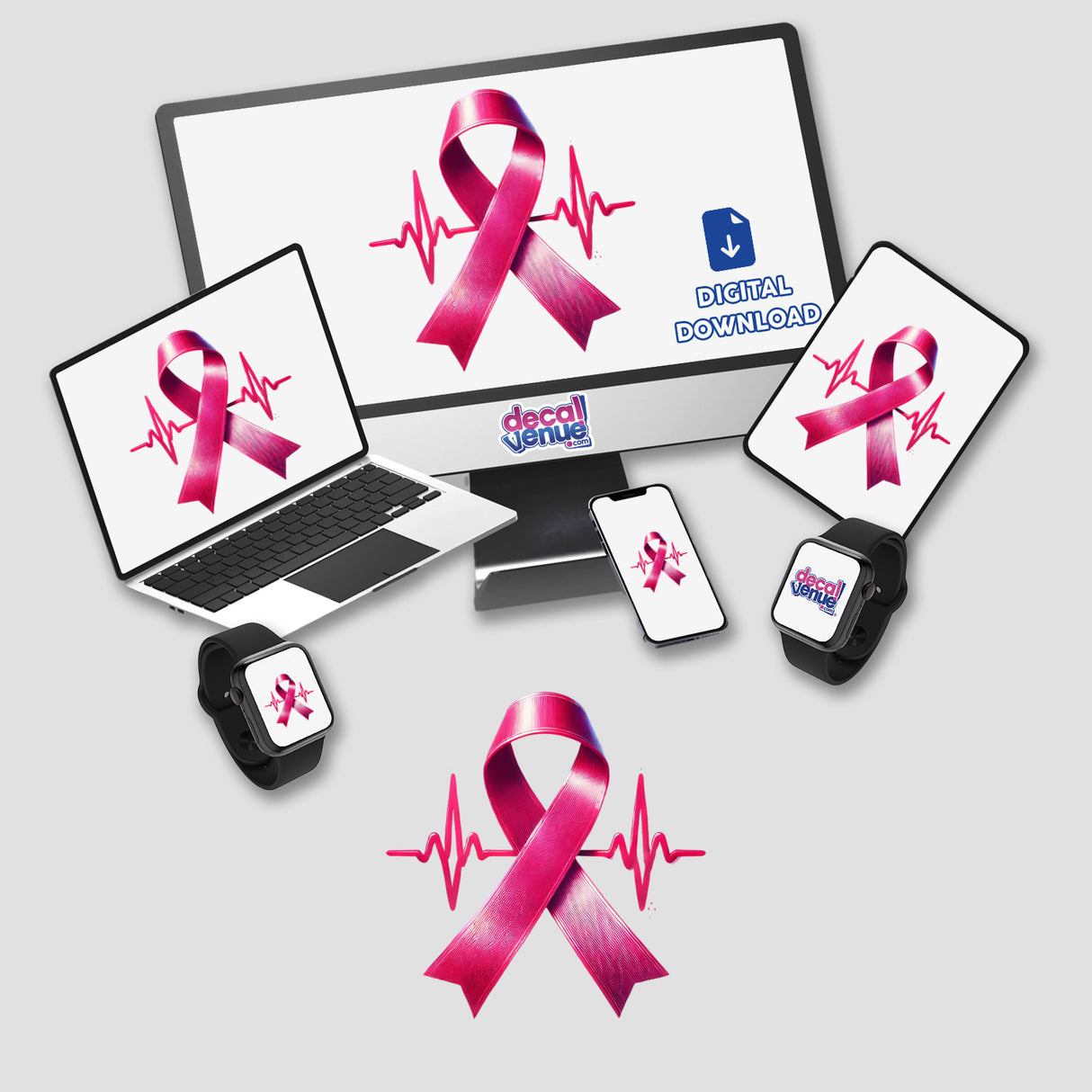 Pink Ribbon and Heartbeat Breast Cancer Awareness digital artwork displayed on various devices including a computer monitor, laptop, tablet, smartphone, and smartwatch. Available as stickers or digital art.